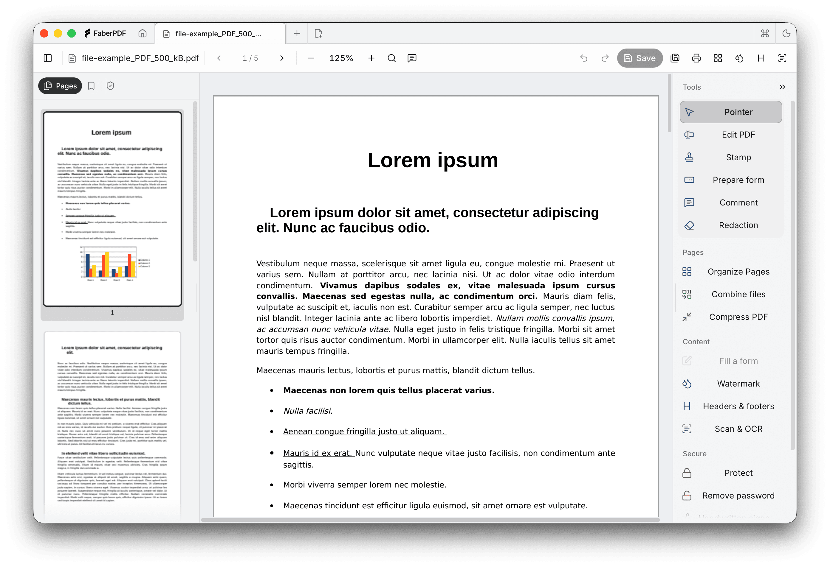 FaberPDF editor with an open PDF